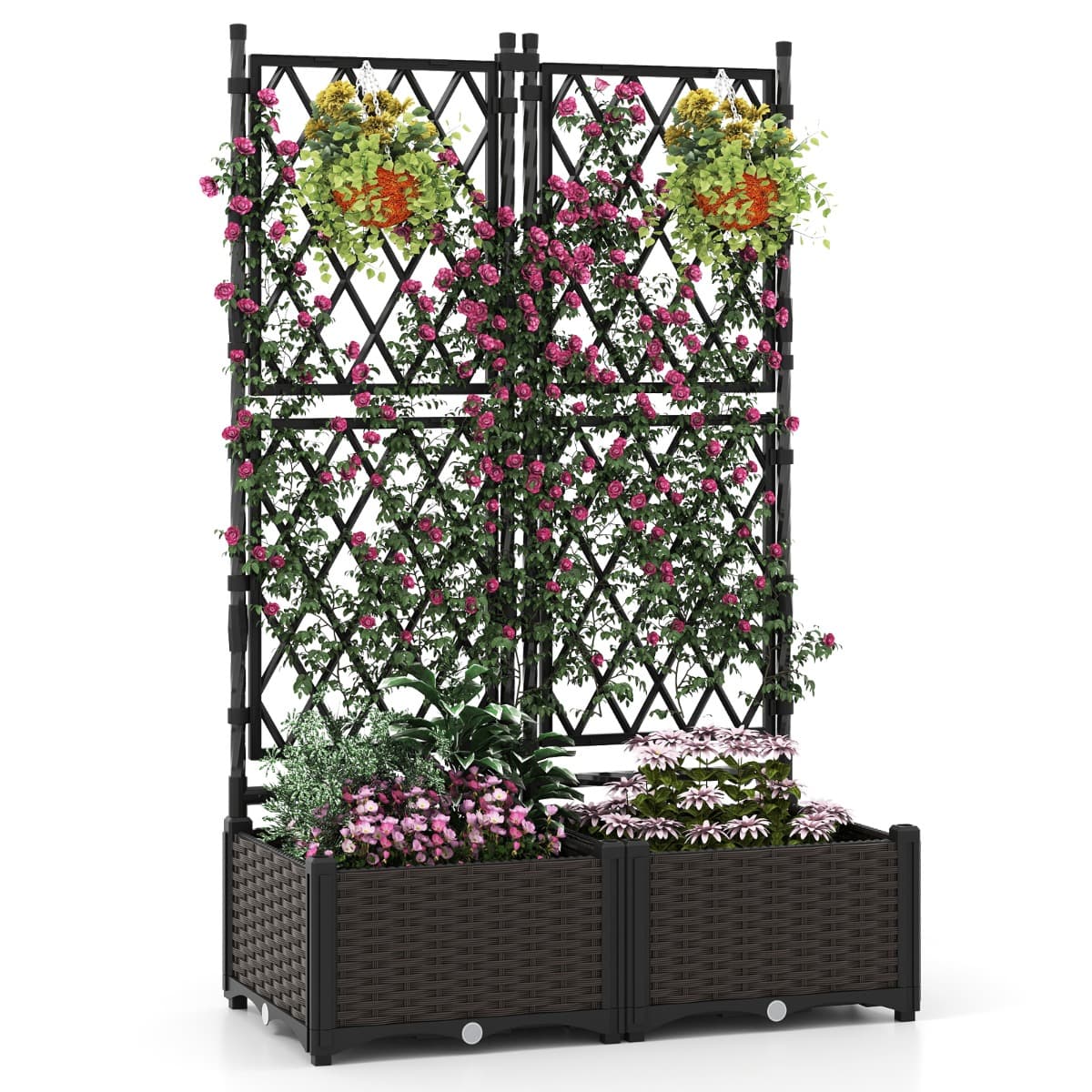 CostwayJardinière avec Treillis sur Pied Double Bac à Fleur Auto-arrosage en Rotin PP avec Maille Diamant Trou de Drainage Lit de Jardin Noir