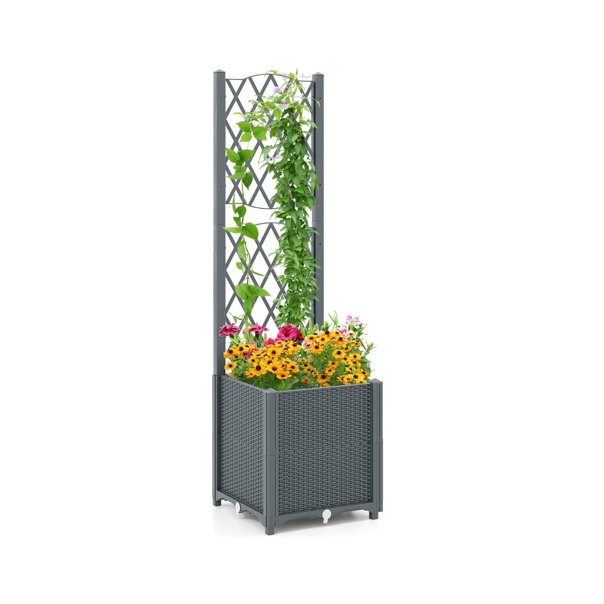 CostwayJardinière avec Treillis sur Pied Bac de Plantation Auto-arrosage en Rotin PP avec Trou de Drainage Lit de Jardin Gris