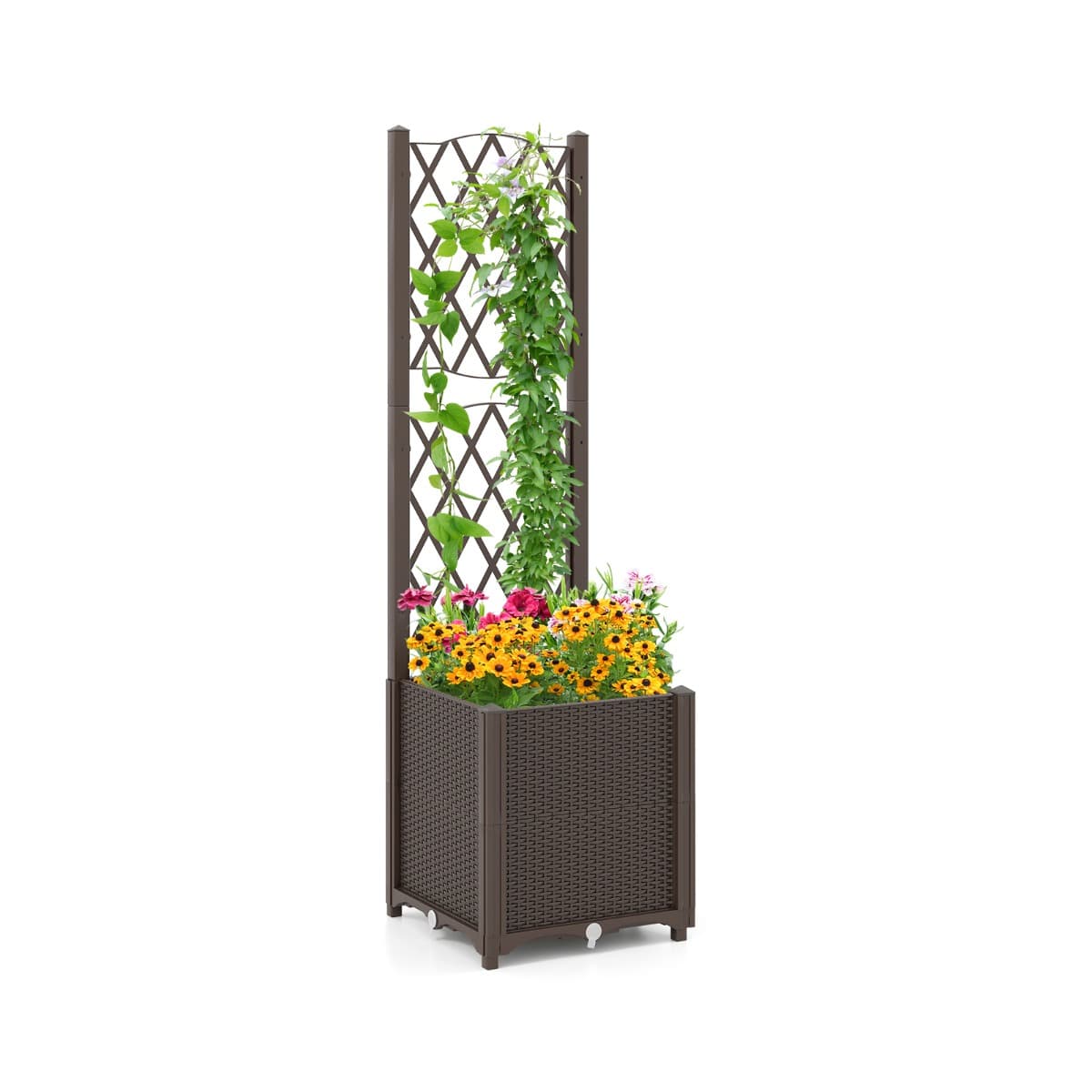 CostwayJardinière avec Treillis sur Pied Bac de Plantation Auto-arrosage en Rotin PP avec Trou de Drainage Lit de Jardin Café