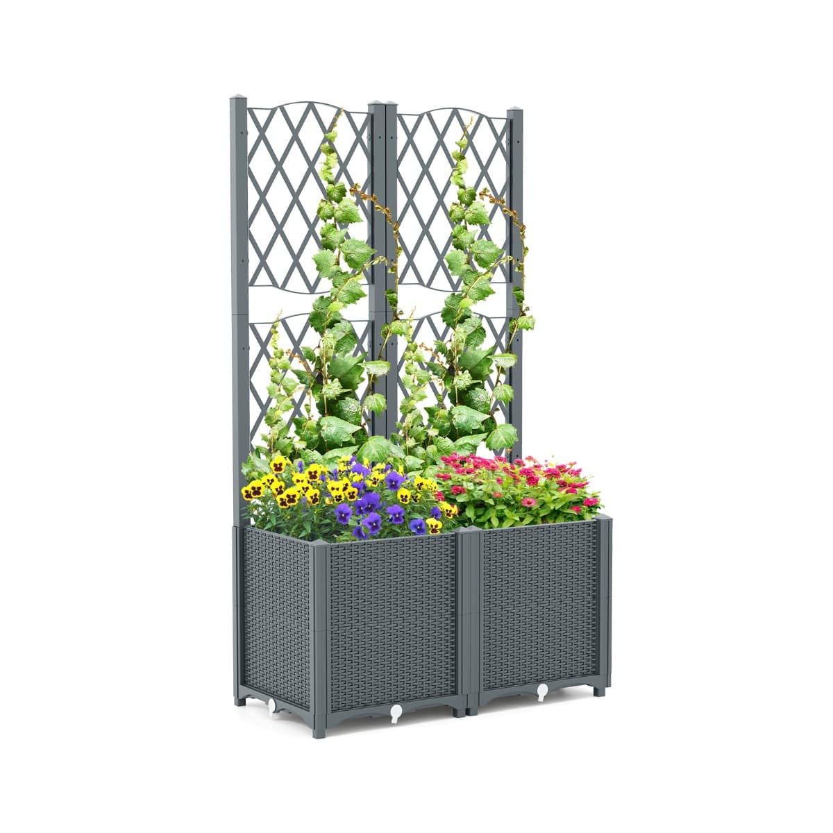 CostwayJardin Surélevé avec Treillis Bacs de Plantation Élevés Auto-arrosants Plantes à Racines Profondes 140 cm de Haut Bac Vertical Gris