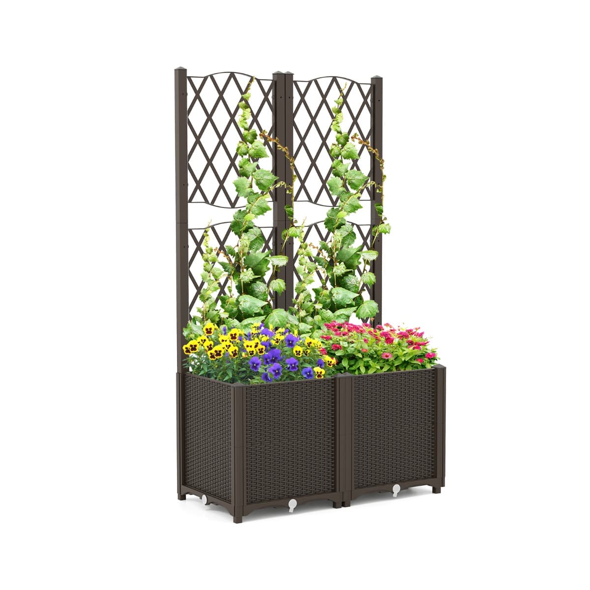 CostwayJardin Surélevé avec Treillis Bacs de Plantation Élevés Auto-arrosants Plantes à Racines Profondes 140 cm de Haut Bac Vertical Café