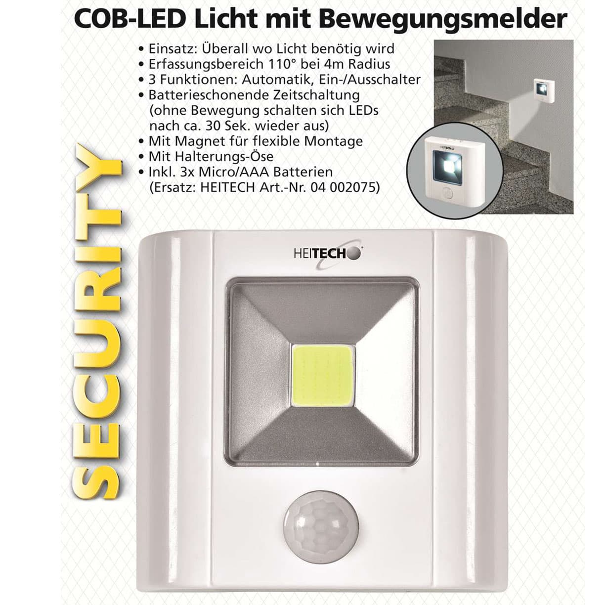 Détecteur de mouvement avec lumière COB-LED automatique, interrupteur marche