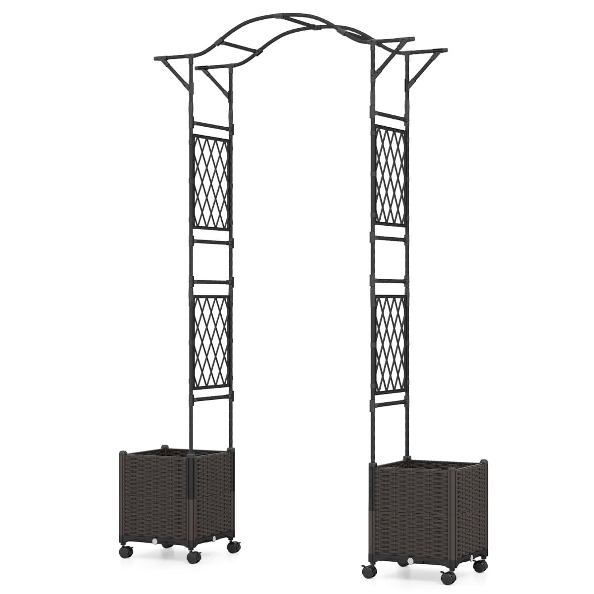 Costway208 x 250cm Treillis d'Arche de Jardin avec 2 Jardinières Auto-irriguantes Roues Pergola en Métal Revêtu de PE Antirouille Noir